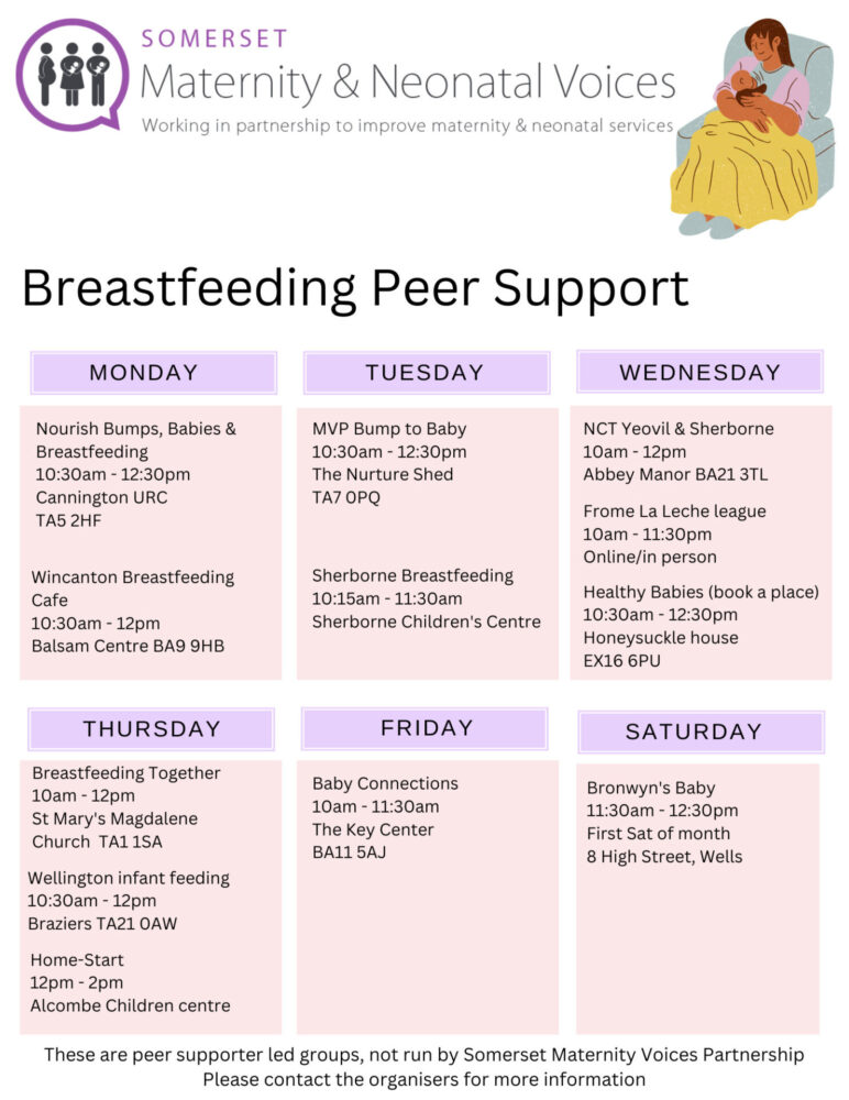 Poster advertising weekly support groups for breastfeeding / chest-feeding peer support