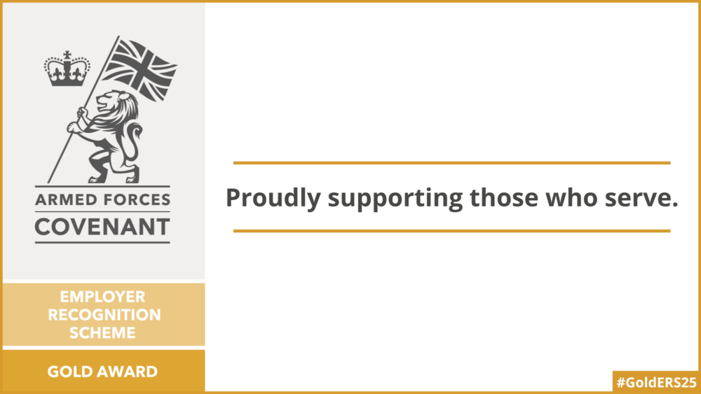 Armed forces graphic with words ' Employer recognition scheme, gold award, proudly supporting those who serve'