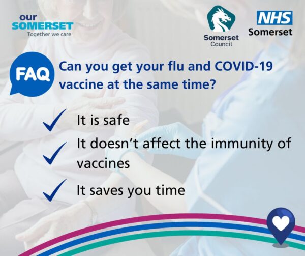 Graphic with text: Is it safe to have the COVID-19 and flu vaccination together? It is safe, it doesn't affect the immunity of the vaccines and it saves you time.
