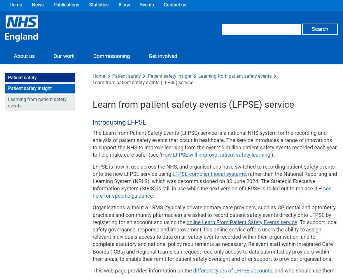 NHS England LFPSE web page