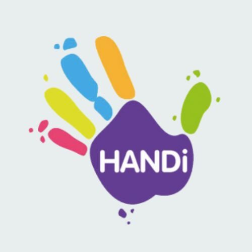 Picture with white background and multicoloured hand print in the middle of it with the word HANDi in the middle of the palm