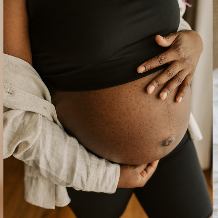 Three images. One girl smiling towards the camera, a woman cradling her baby bump and a woman breastfeeding.