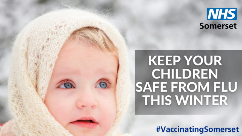 Image of a child with wording urging people to keep children safe and book flu vaccinations