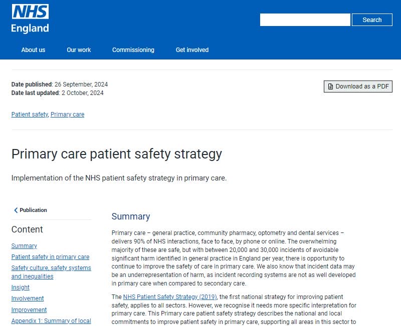 Primary care patient safety strategy